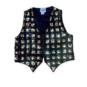 Vintage Sweet Sue Sequin Checkered Vest Black Gold Retro Glam